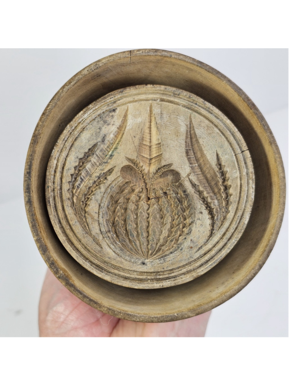 Vintage Wooden Butter Mold Press Floral Folk Art Carved Round Primitive Kitchen